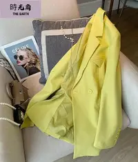 在飛比找Yahoo!奇摩拍賣優惠-【時光角】亮黃色小西服時尚套裝女秋冬新品寬松西裝氣質收腰百搭
