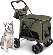 Pet Cat Stroller Carriage Elderly Dog Pram Pushchair with Bag, Pet Dog Strollers for Medium Large Dogs, 4 Wheels Large Pet Dog Stroller Travel Carrier for Cat, Dog and More(Green)