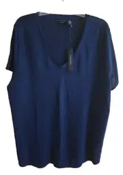 Tahari 100% Linen Plus Size V-Neck Short Sleeve Top Dark Navy Size 3X New
