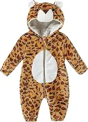 66cm/73cm/80cm/90cm Unisex Baby Animal Costume Pajamas, Winter Plush Bodysuit Tiger, Leopard Baby Flannel Hooded Halloween Bodysuit Role Play Costume, Home Clothes, Pajamas,for Babies 2-12 Months Old