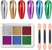 Erinde 6 Color Chrome Nail Powder, Solid Chrome Nail Glitter Powder Set, Metallic Mirror Chrome Powder for Nails, Nail Shinmmer Mirror Glitter #04