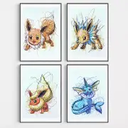 Eevee, Jolteon, Flareon and Vapereon Ballpoint Pen Print Set, Pokemon Art Poster