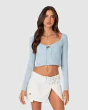EDIKTED Womens Lorey Lacey Knit Top LIGHT-BLUE