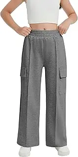 [EXARUS] Girls Sweatpants Wide Leg Loose Teen Sweat Pants Cargo/Side Striped/Crossover V Waist Casual with Pockets 6-14Y