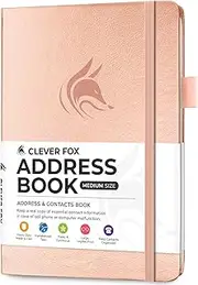 Clever Fox Address Book with alphabetic tabs - PU leather telephone and address book for keeping contacts safe, Contact Organizer Journal, Medium Size (5.3″ x 7.7″) Hardcover, Rose Gold