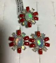 Opal And Red Coral Sterling Silver Ring (7) And Earring Set