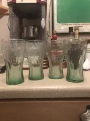 Coca Cola Lot of 4 VTG Look Libby Signed Green Fluted Heavy Glasses 6 1/4” MINT