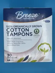 Breeze Feminine Care 100% Organically Grown Cotton Tampons 30 Regular Size New