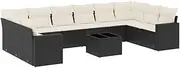 vidaxl Garden Sofa Set - 11 pc Black Modular Rattan Lounge with Cream White Cushions for Patio/Terrace - Glass Table Included