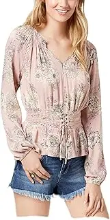 [American Rag] Juniors' Printed Corset-Front Crochet-Trimmed Blouse