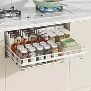 TOJUNE Pull Out Cabinet Organizer, Adjustable Expandable 3-Slide Rails Drawers, Self Adhesive/Punch with Nano Film for Kitchen, Pantry, Shelves Storage, Living Room, Bathroom (White, Medium)