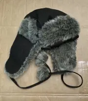 Eddie Bauer Winter Hat - Ear Flaps - Leather Outer Shell - Faux Fur Lining - S/M