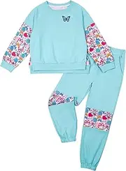 [tagyum] Girls Clothes Color Block Print Long Sleeve Pullover Sweatshirt Sweatpant Set 2PC Outfits