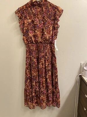 Aqua Women's NWT Size XL Maroon Floral Print Smocked Midi Dress $116