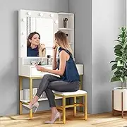 Luxsuite Vanity Table and Stool Dressing Table Set with Mirror Makeup Dresser Table Set with 9 LED Light Mirror & 2 Drawers Bedroom Furniture White