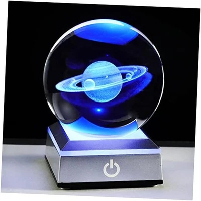 3D Crystal Ball, Outer Space Planet Lamp with Silver LED Base, Glass Saturn