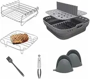 [GUDAJIN] Air fryer liner and accessories set, air fryer grill steam rack, reusable foldable silicone baking tray, baking liner, air fryer non-stick baking tray, suitable for kitchen, restaurant (Gray)