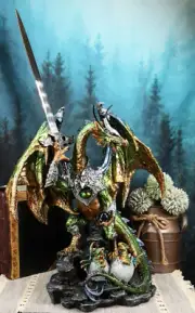 Large Green Jade Armored Dragon With Space Orb And Excalibur Sword Statue 16.5"H