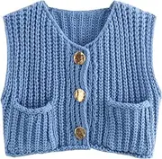 [Ausing] Women's Sweater Vest Sleeveless Chunky Knit Cropped Cardigan Casual Button Down Sweater Vest Y2K Loose Coat Vintage Knitted Waistcoat with Pockets Fall Winter Knitwear Fashion Streetwear S-L