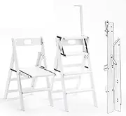 Folding Ladder Solid Wood Folding Library Ladder Chair Step Ladders Step Chair, Foldable 4-Step Stool Dual Purpose Stepladders with Handrail,4-Step Climb Step Display Stand Flower Stand Portable Ladde