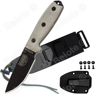 ESEE Model 3 Black Blade Plain Edge Glass Breaker BLK Sheath MOLLE Back 3MIL-P-B