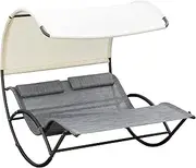 Outsunny Outdoor Double Chaise Rocking Chair, Day Bed Sun Lounger with Canopy Shade, Headrest Pillow, Armrests for Garden, Poolside, Light Gray