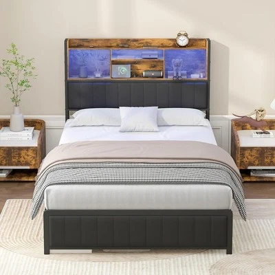 Double Size Bed Frame with Storage Upholstered Headboard & USB Ports & LED Light