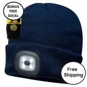 Beanie with LED Head Light USB Rechargeable NAVY - PLUS free work socks