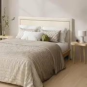 Oikiture Bed Headboard with Faux Line Fabric Double Size Headboard with Dotted Accents, Beige