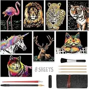 Scratch Art Paper(A4) for Kids & Adults, Rainbow Painting Night View Scratchboard, Art Craft, Crafts Set: 8 Sheets Scratch - Unicorn/Flamingo/Cat/Deer/Tiger/Leopard/Lion/Wolf & 6 Tools (Animal World)