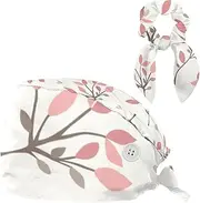 [FVQL] Pack of 1 Surgical Cap with Hair Scrunchy, Scrub Cap, Leaves Flower Pattern