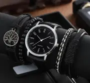 5 Pieces Black Quartz Watch Business Man Tree of Life Leather Bracelets
