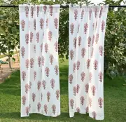 2 Panel Cotton Hand Block Printed Curtains Natural Window Decor Bohemian Drapes