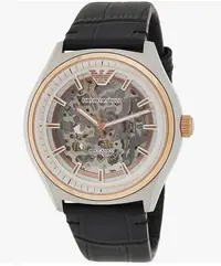 在飛比找Yahoo!奇摩拍賣優惠-EMPORIO ARMANI 鏤空錶盤 黑色皮革錶帶 男士 
