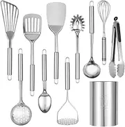 [Abodpove] Stainless Steel Cooking Utensils Set - 11pcs Kitchen Utensils Set with Holder for Cooking, Stainless Steel Utensils Set with Potato Masher, Skimmer, Spoons, Turners, Whisk, Tongs
