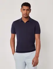 Hawes & Curtis Navy Open Collar Linen Polo Shirt | Short Sleeve Size: Small