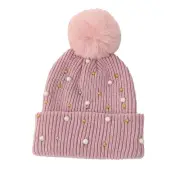 Womens Slouchy Winter Beanie Hat with Fur Ball Pompom Beanie Pearl Beads Fall...
