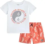[Volcom] Baby Boys Swim Set - 2 Piece Short Sleeve Swim Shirt Graphic Tees & Board Shorts - Infant Toddler Little Boys Swimsuit