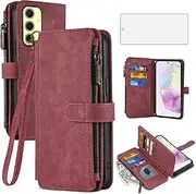 [Asuwish] Phone Case for Samsung Galaxy A35 5G Wallet Cover with Tempered Glass Screen Protector and Leather Flip Credit Card Holder Stand Lanyard Rugged Cell Accessories A 35 35A A355G Women Men Red