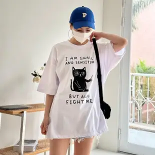【AMERO】男女裝 圓領短袖T恤(男女裝 圓領短袖T恤 貓咪印花 寬鬆 落肩 情侶裝)