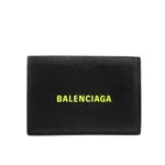 BALENCIAGA 巴黎世家 經典品牌黃字LOGO皮革三折小短夾 (黑色)