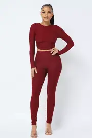 Honeycomb Open Back Tie Top and Leggings Set Wine
