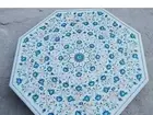 48" Turquoise Inlay Coffee Table Top White Marble Octagon Centerpiece Hallway
