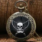 Vintage Bronze Skull Design Men Women Quartz Pocket Watch Necklace Chain Gift