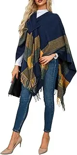 [Raylans] Women's Travel Plaid Shawl Wrap Open Front Poncho Cape for Spring Fall Winter