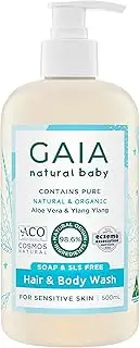 GAIA Natural Baby Hair and Body Wash ; Certified Natural ; Suitable for Newborns ; Sensitive Skin formula ; organic Aloe Vera ; Soap Free ; Perfume Free ; Gentle Baby Wash ; Australian Made - 500ml