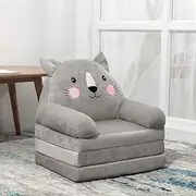 Homodoskey Plush Foldable Kids Sofa, Children Couch Backrest Armchair Bed with Pocket and Handle, Upholstered 2 in 1 Flip Open Infant Baby Seat for Living Room Bedroom (Light Gray, Cat)