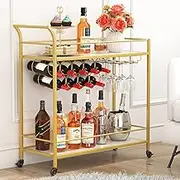 Lifewit Drinks Trolley on Wheels, 2 Tier Bar Cart With 9 Wine Bottle Racks, Serving Cart for Kitchen Dining Living Room Outdoor, 80 x 33.2 x 87.8 cm, Gold