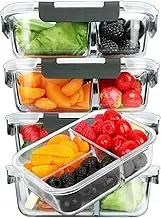 M MCIRCO [5-Pack, 36 oz] Glass Meal Prep Containers 3 Compartment with Lids, Glass Lunch Containers,Food Prep Lunch Box,Bento Box,BPA-Free, Microwave, Oven, Freezer, Dishwasher (4.5 Cups)