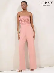 Lipsy Pink 3D Floral Bandeau Wide Leg Jumpsuit (F27704) | $150